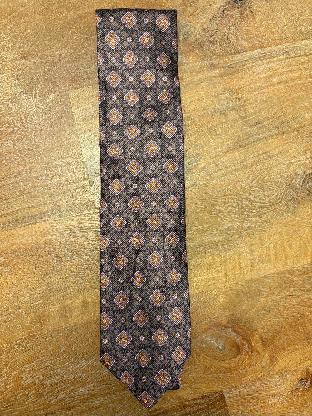 Robert Talbott Brown Geometric Silk Tie with Orange Accents